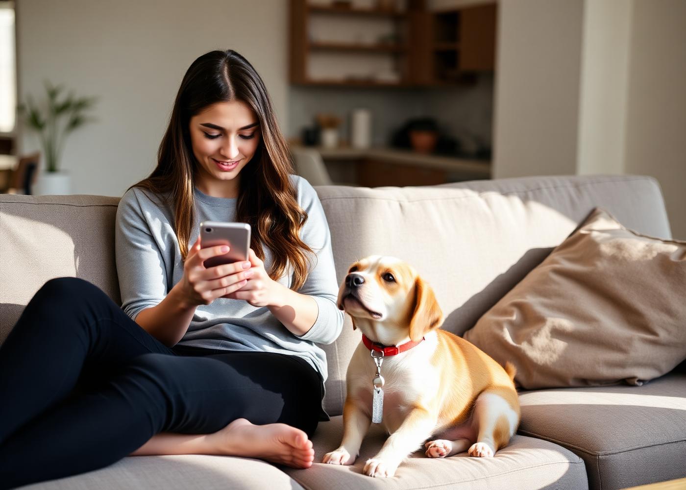 Tutora usando o app do APet com seu cachorro ao lado no sofá
