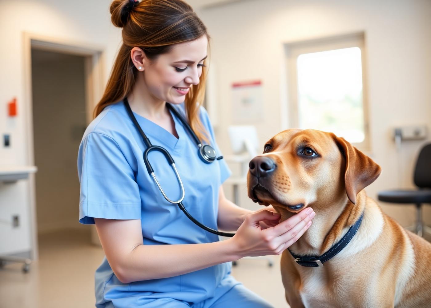 Veterinária examinando um cachorro com estetoscópio